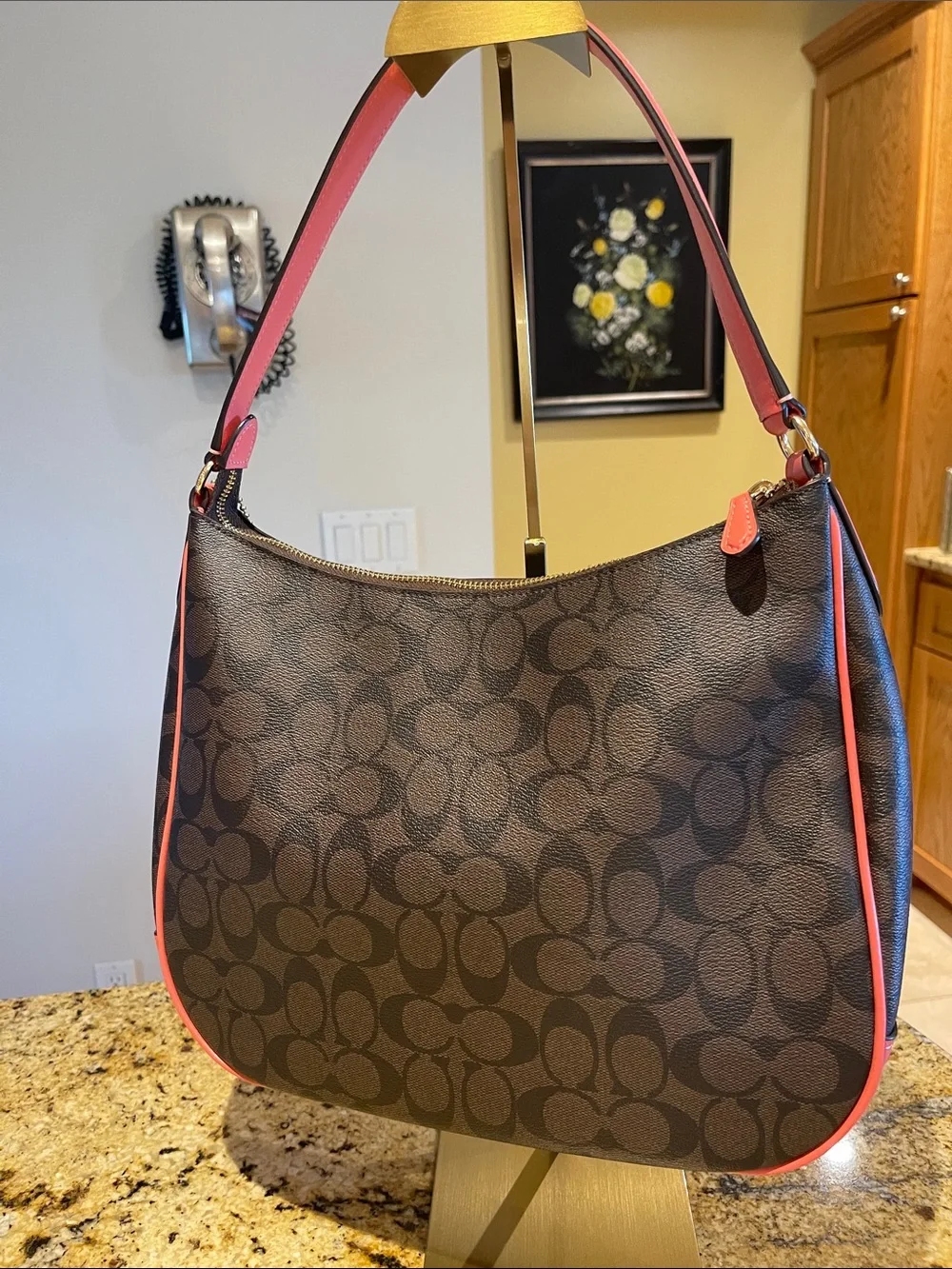 Coach Brown Signature Hobo with Coral Trim
